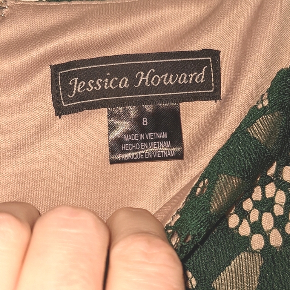 Jessica Howard Green Geometric Floral Pattern Lace Over Cream Lined Midi Dress - Picture 4 of 8